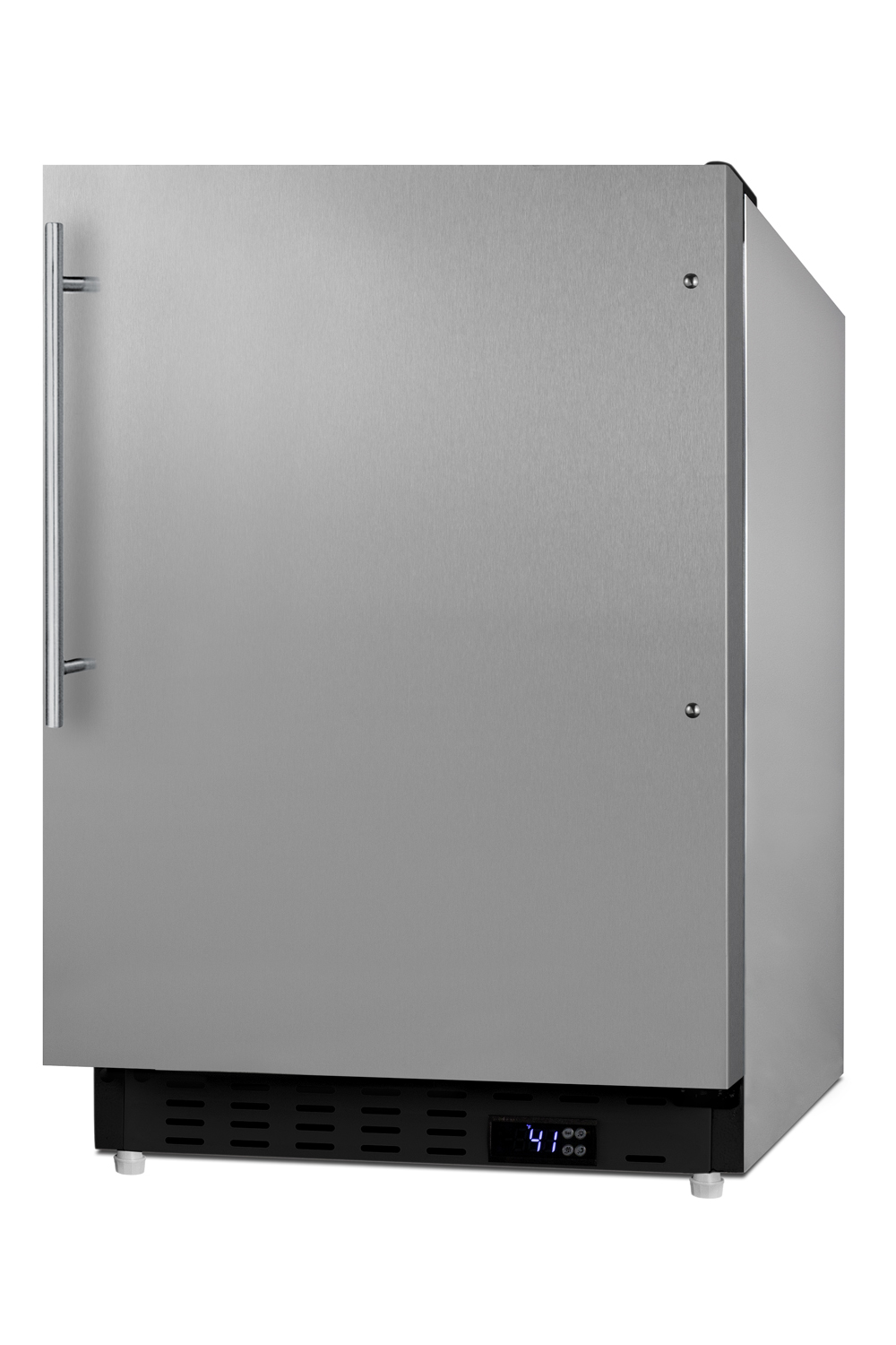 Built-in undercounter ADA compliant residential all-refrigerator with SS cabinet and door, vertical handle, with door storage and automatic defrost operation